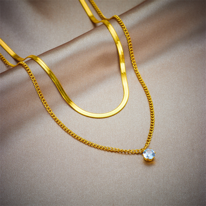 Women's Double-Layer Golden Chain Necklace with Synthetic Zirconia